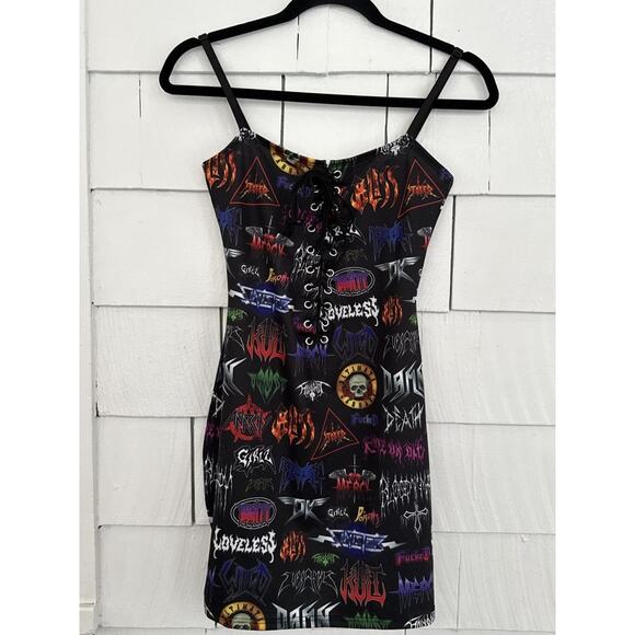 Current Mood Women's Med Bodycon Mini Dress Metal Rock Band Logos Punk Metalcore - Picture 1 of 12